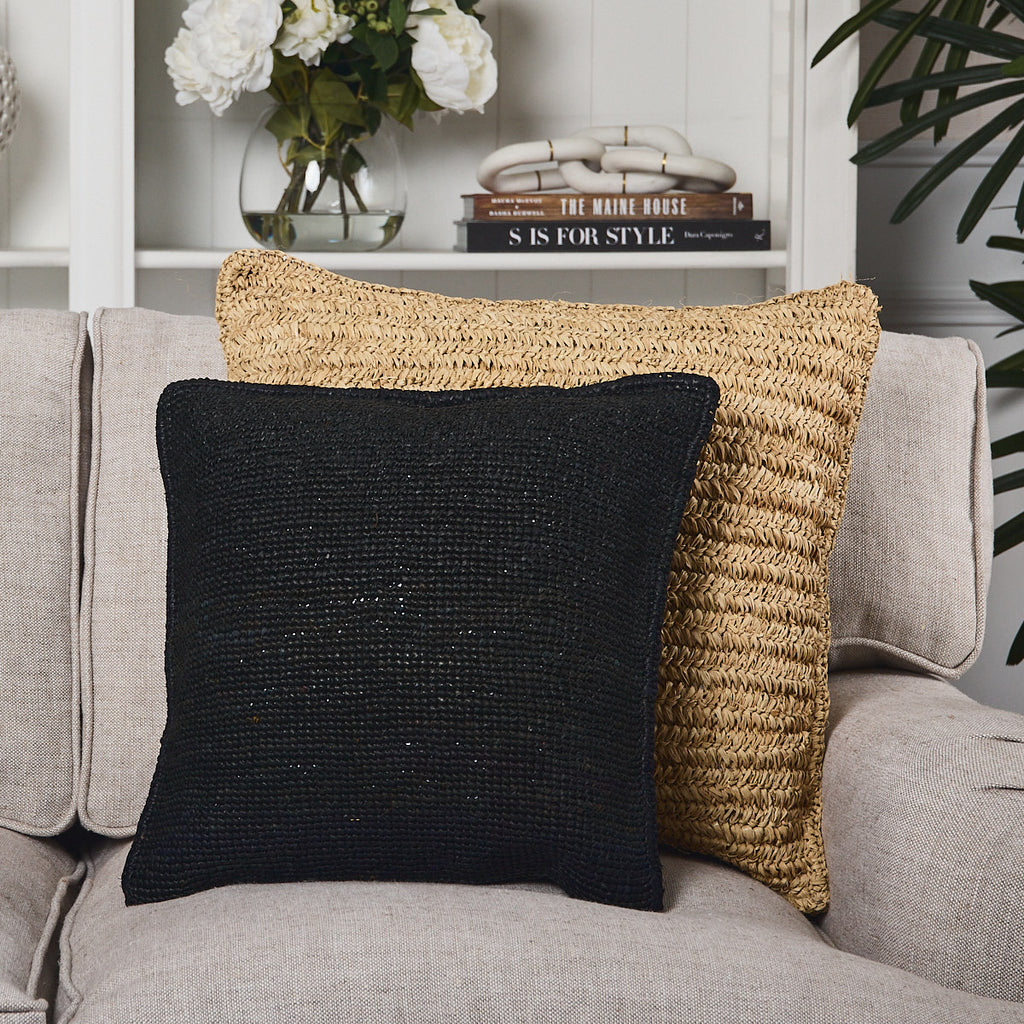 Madagascar Raffia Crochet Cushion Cover Black 45 x 45cm