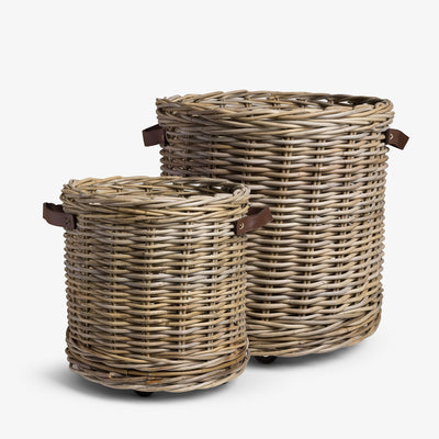Rattan Log Baskets Grey Styled Front
