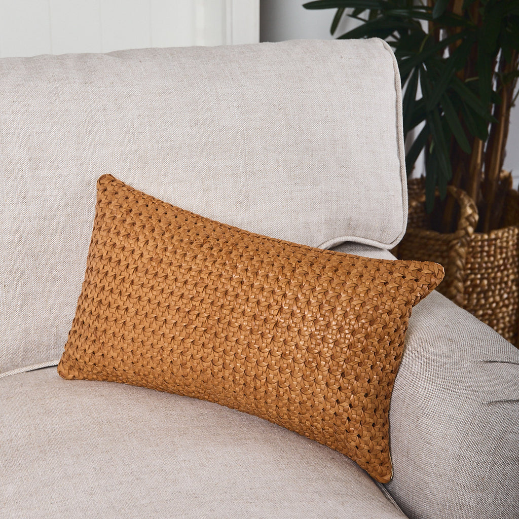Leather Woven Cushion Cover Tan Geometric Rectangular