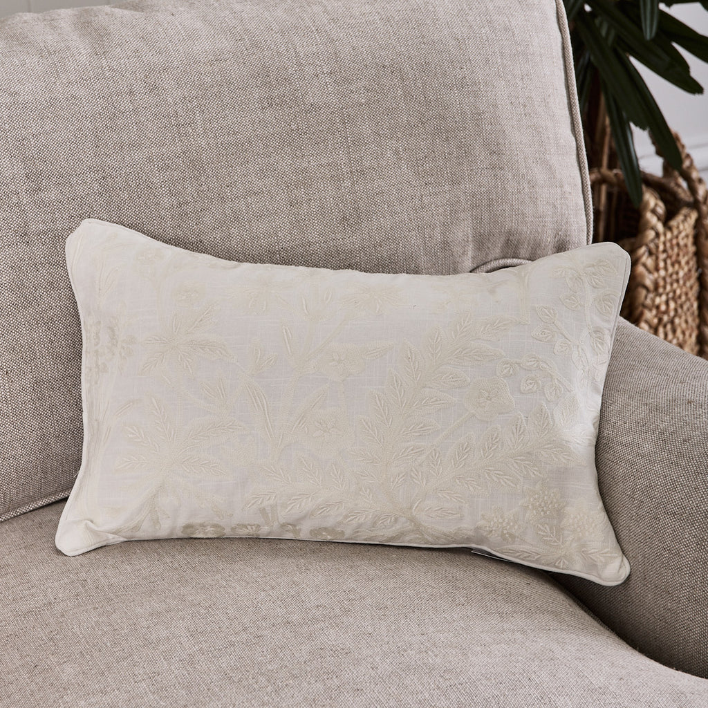 Embroidered Botanical Cushion Cover White Rectangular