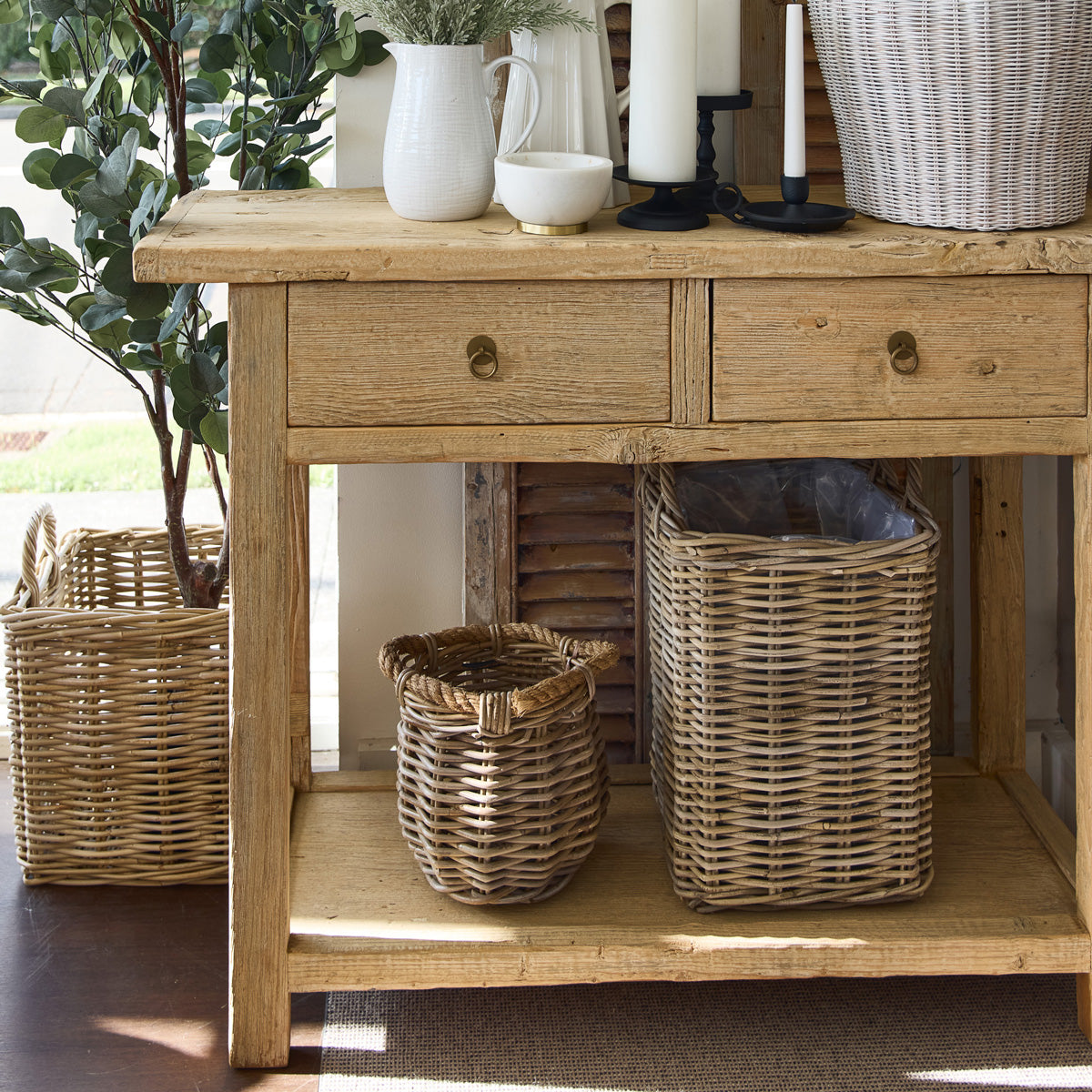 Bohai Two Drawer Console Tables With Bottom Shelf With Baskets