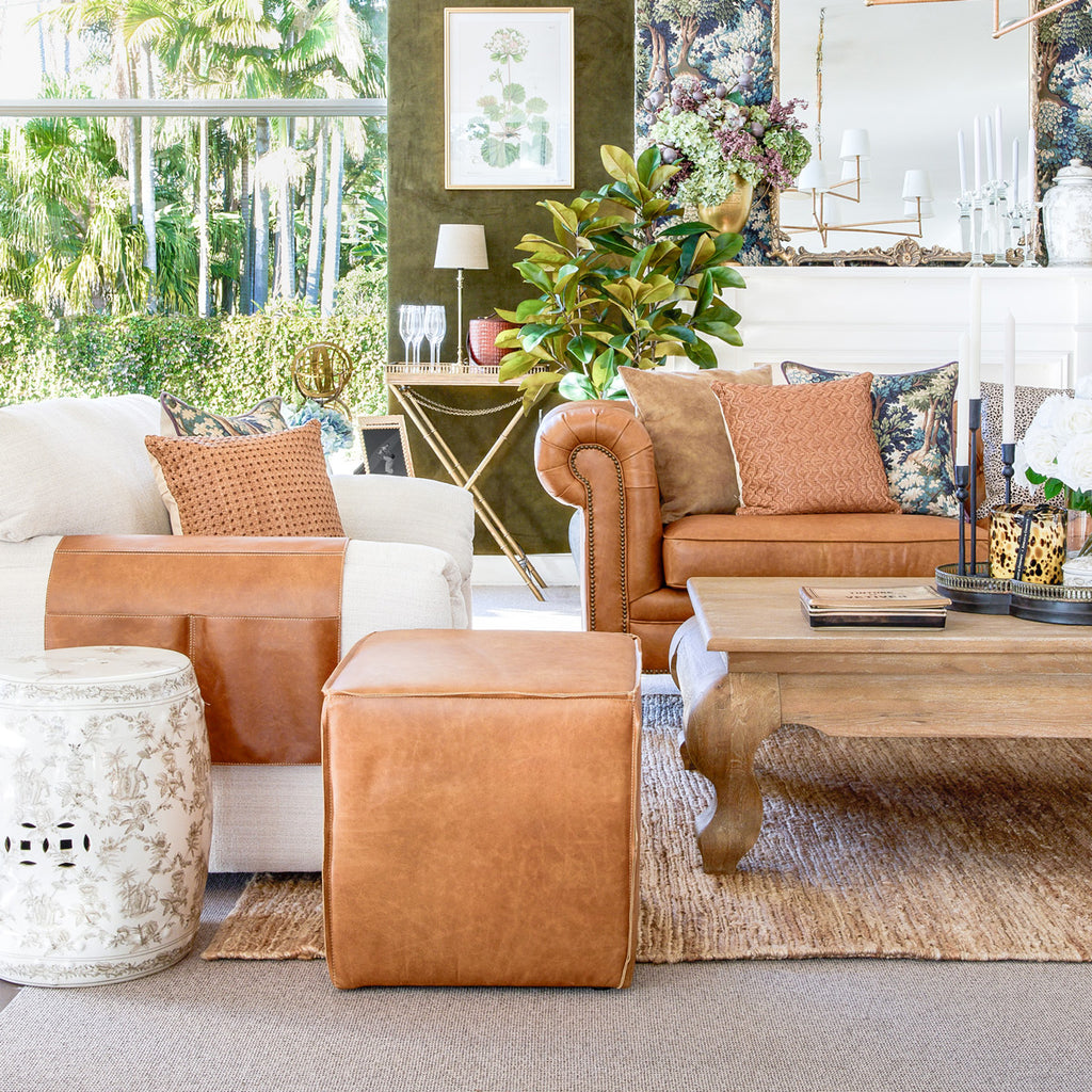 Leather Ottoman (Tan) Square Leather Ottoman - Main Image