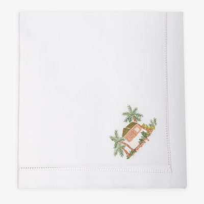 Hand Embroidered Hemstitched Tropical Hut Front