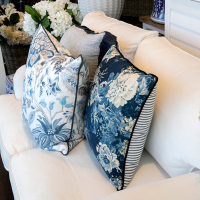 Navy Floral Cushion With Ticking Back 50 x 50cm Styled On Sofa