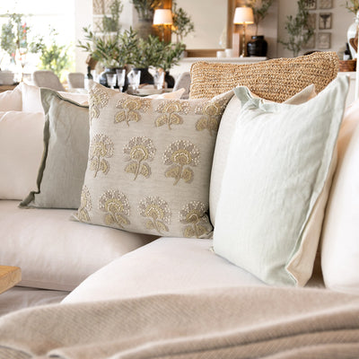 Linen Double Flange Cushion Eucalyptus & Off White 50 x 50cm Styled On Lounge