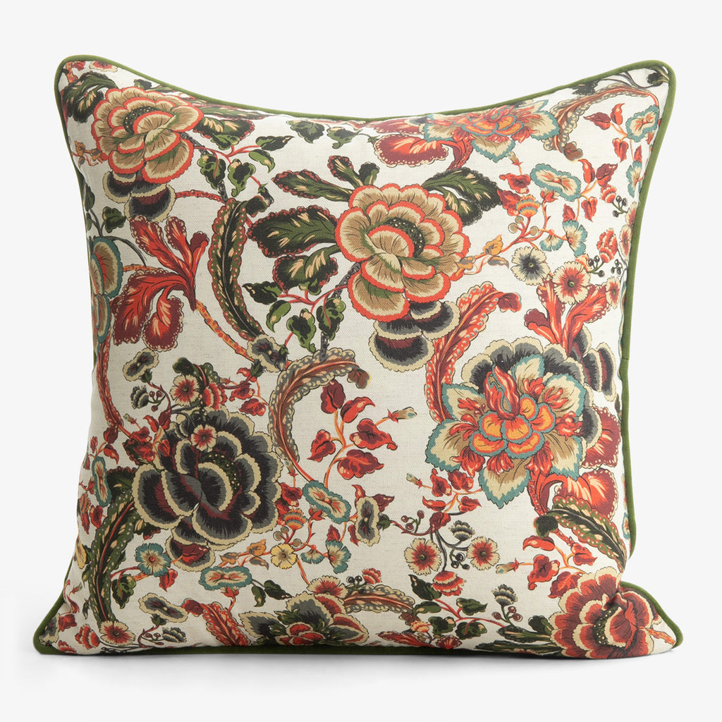 Sara Autumn Floral With Flax Back & Green Piping Cushion