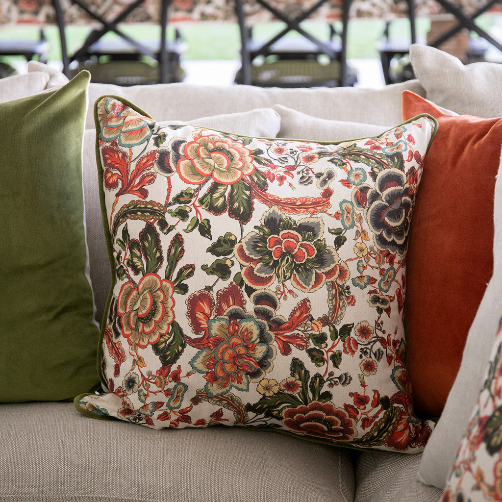 Sara Autumn Floral With Flax Back & Green Piping Cushion