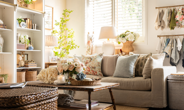 English Coastal styled living room featuring the Clara Lounge and a rattan coffee table. 