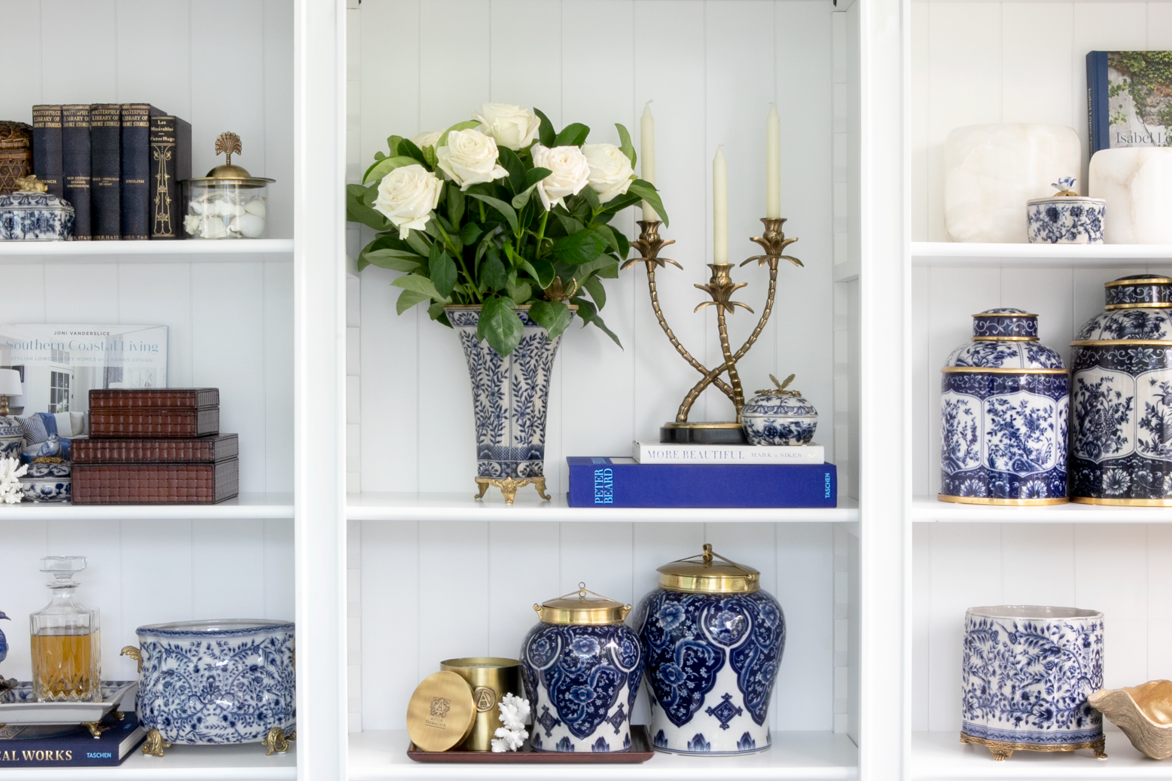 Decor gift ideas for Mother's day, styled on a bookshelf