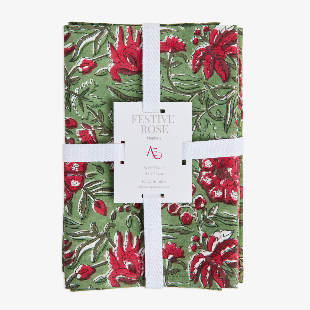 Festive Sage Rose Napkins (Set of 4) Front View