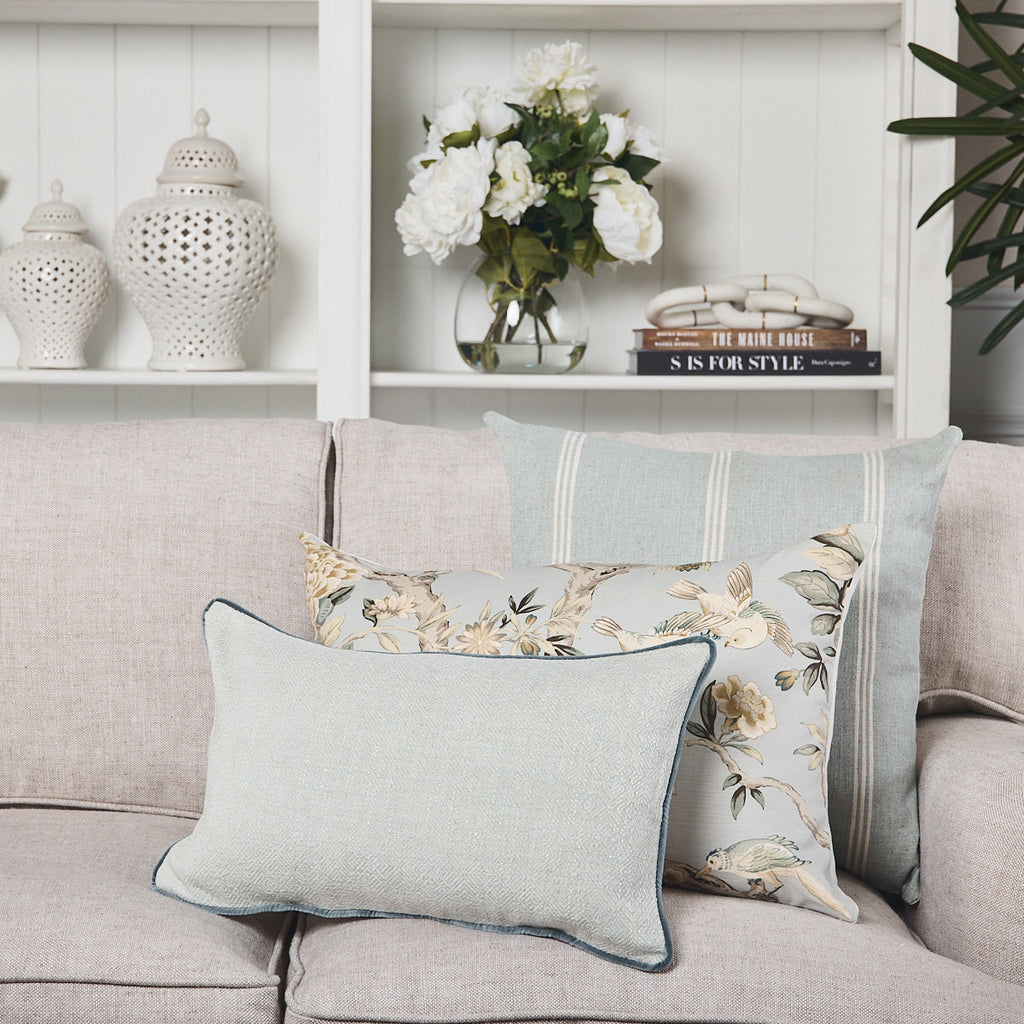 Aberdeen Stripe Seafoam & Oatmeal Cushion Cover Styled As Group