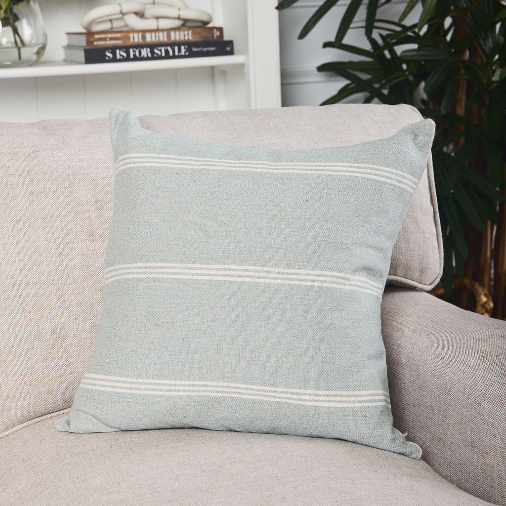 Aberdeen Stripe Seafoam & Oatmeal Cushion Cover Styled On Lounge