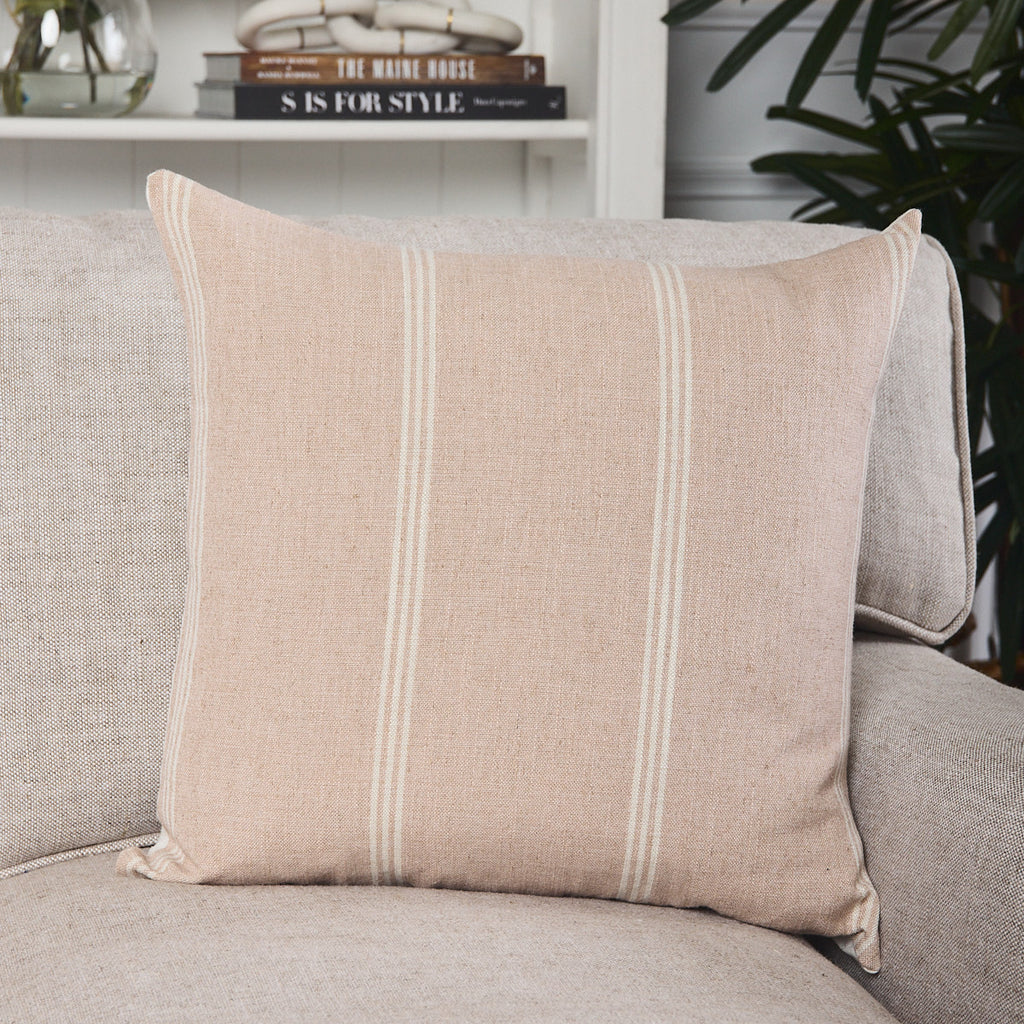 Aberdeen Stripe Blush & Off White Cushion Cover Styled On Lounge