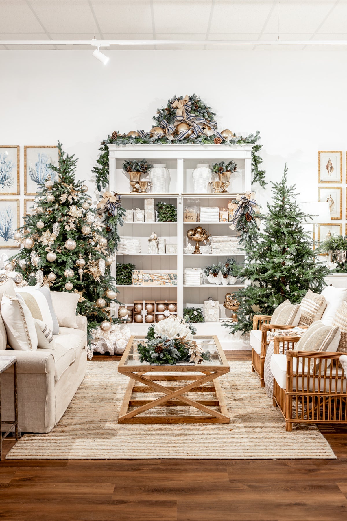 Decorative living room with Christmas trees at Alfresco Emporium Glenhaven.