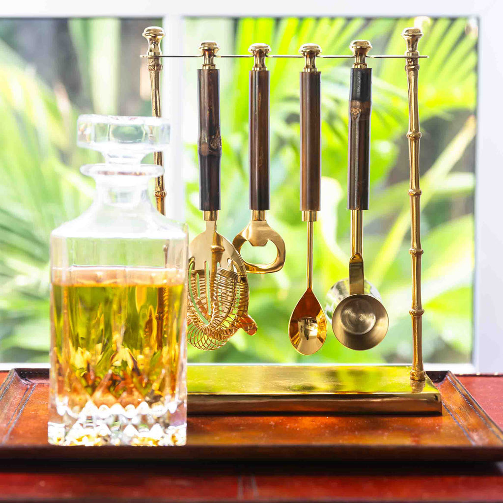 Antique Brass Bamboo Bar Tool Set Styled On Leather Bar