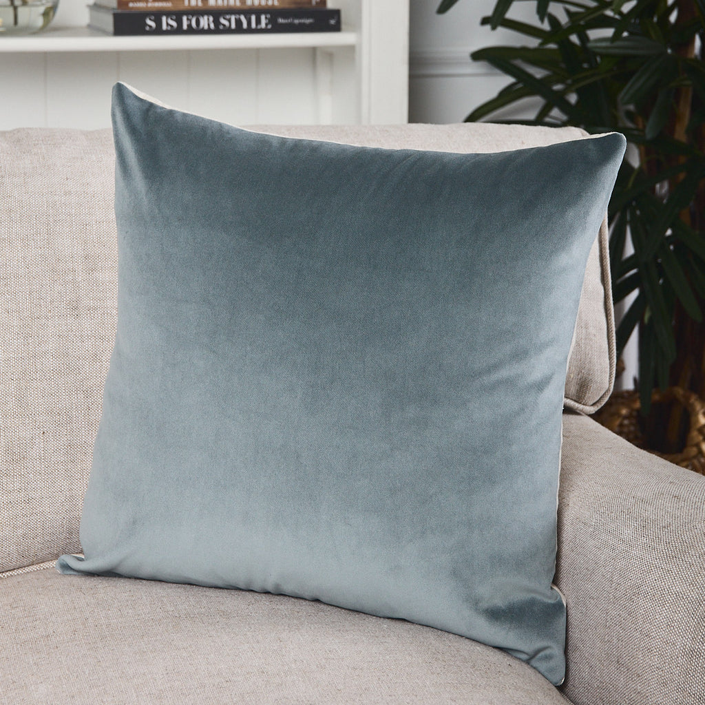 Azure Velvet With Oatmeal Back Cushion Cover Styled On Lounge