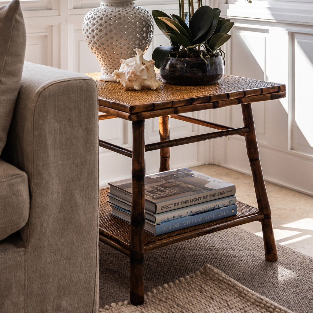 Bamboo Side Table Rectangular Natural Styled With Books