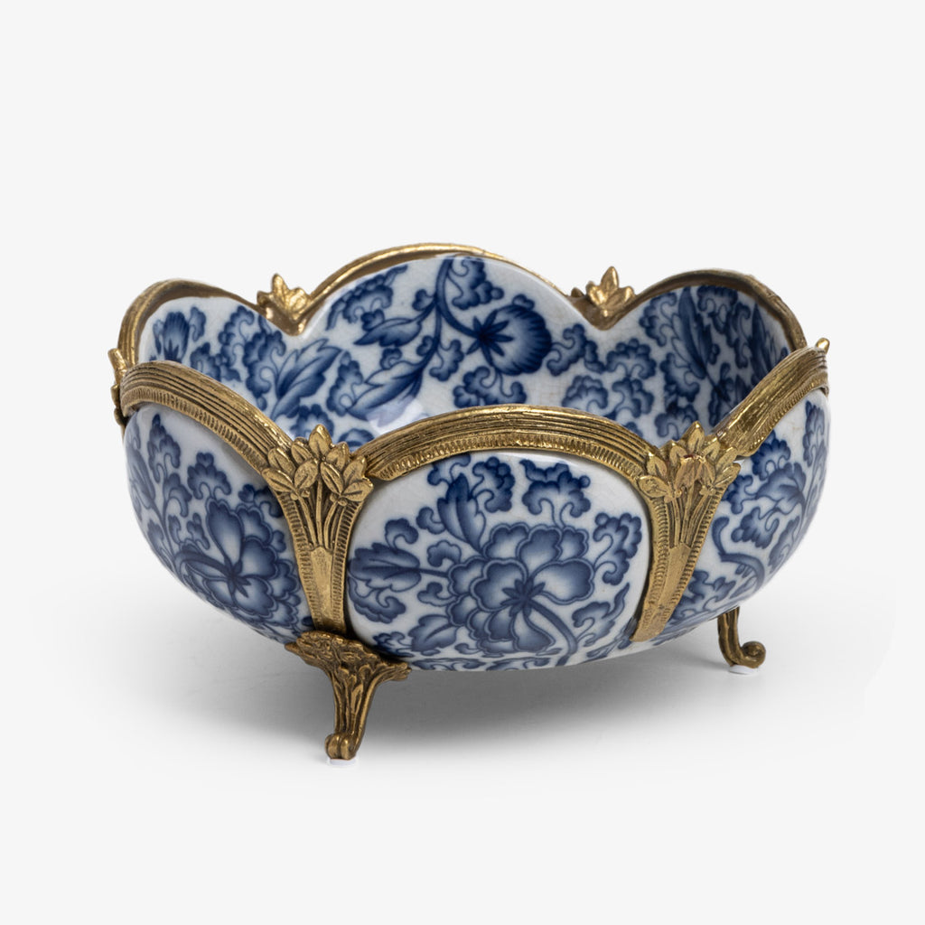 Barclay Blue & White Scalloped Bowl With Brass