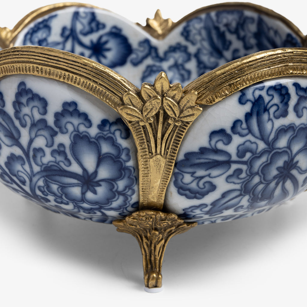 Barclay Blue & White Scalloped Bowl With Brass