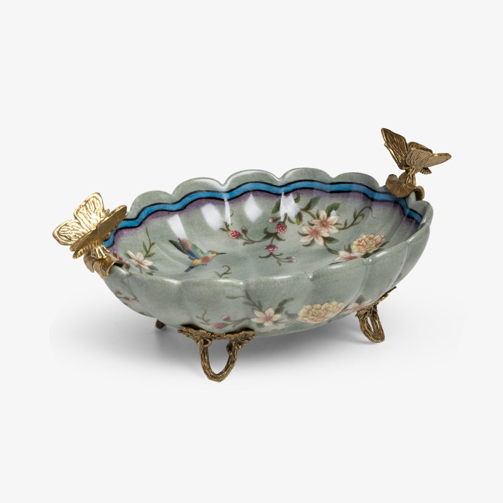 Barclay Green Scalloped Dish With Brass Butterflies Side