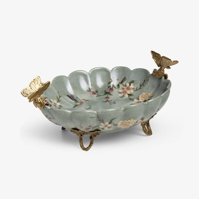 Barclay Green Scalloped Dish With Brass Butterflies Side