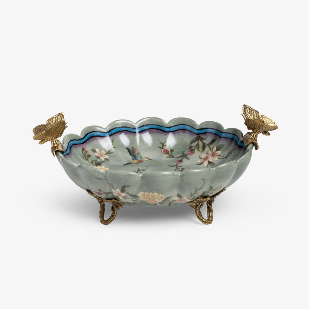 Barclay Green Scalloped Dish With Brass Butterflies Front