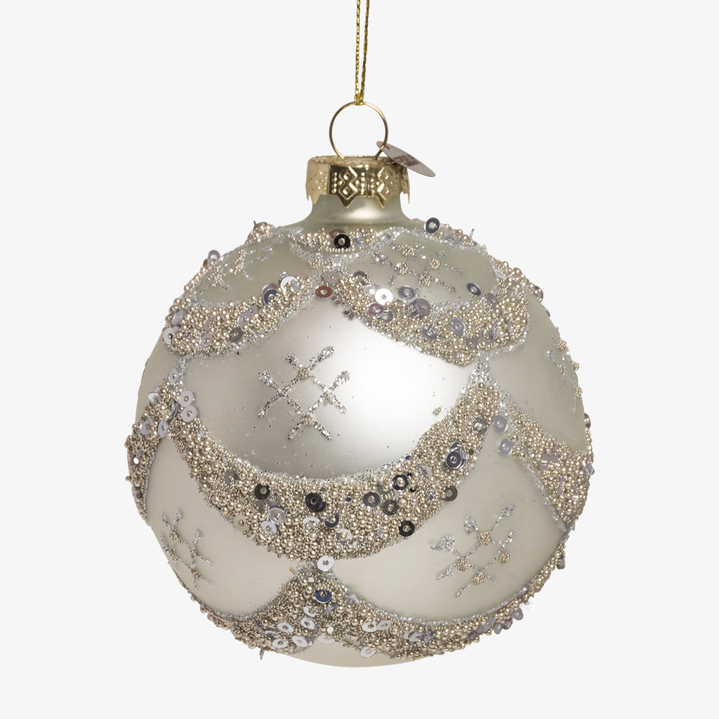 Beaded Glass Bauble Sets White & Gold