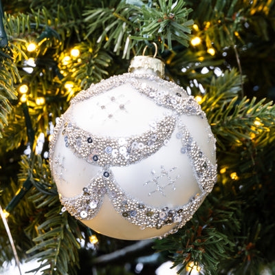 Beaded Glass Bauble Sets White & Gold Styled