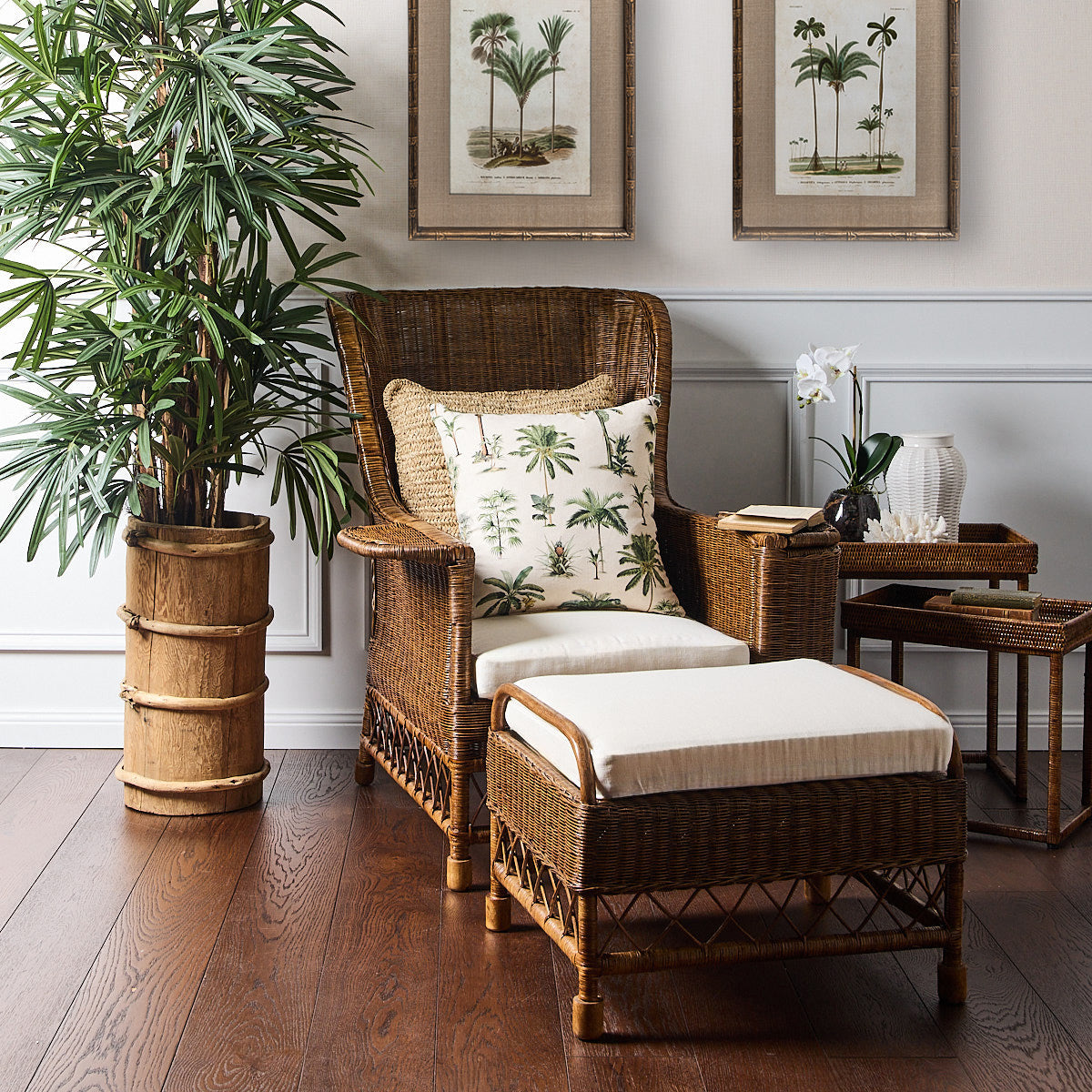 Rattan Wing Chair (Brown/Cream) Brown Wicker Armchair