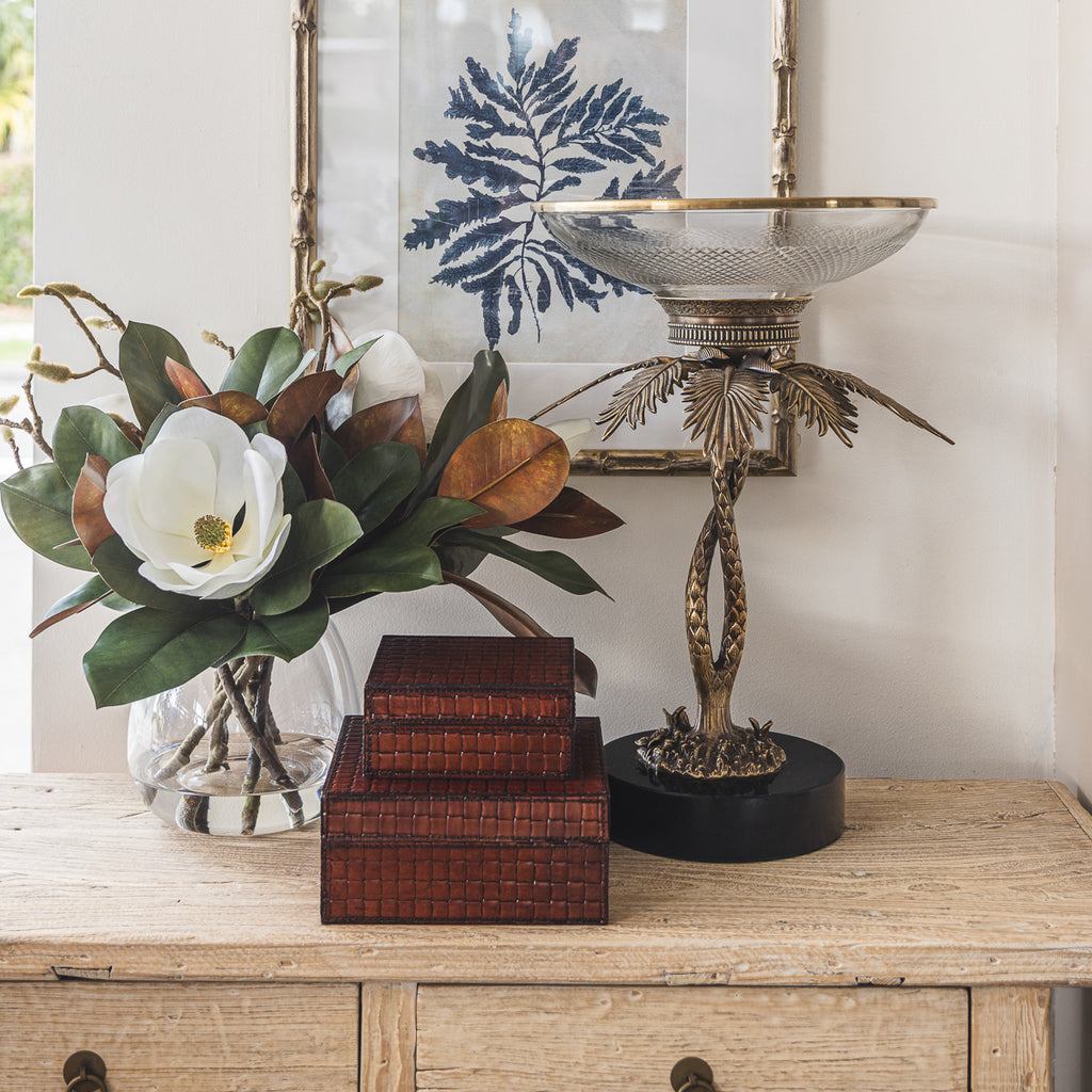 Brass Palm & Glass Dish On Stand Styled