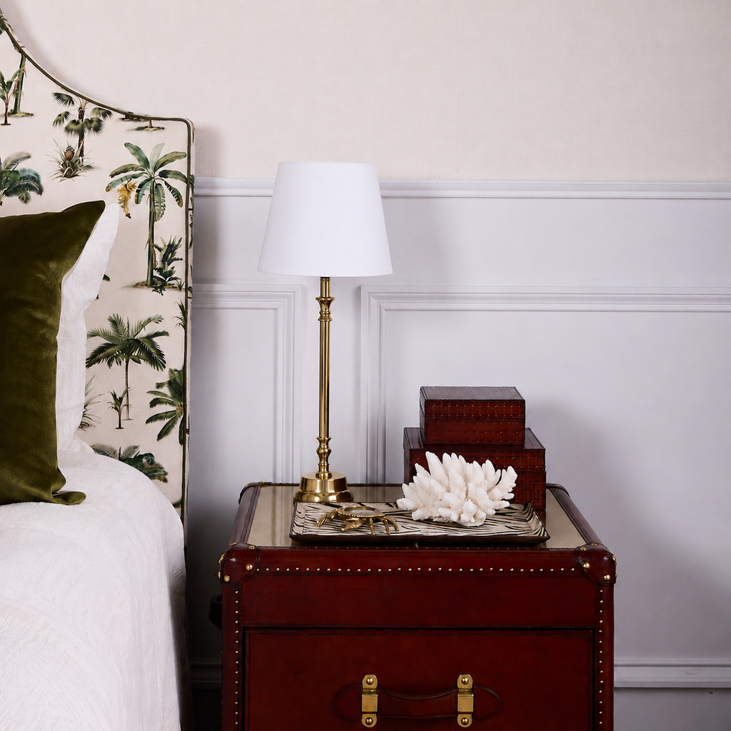 Brass Table Lamp on Bedside Table White Lamp Shade