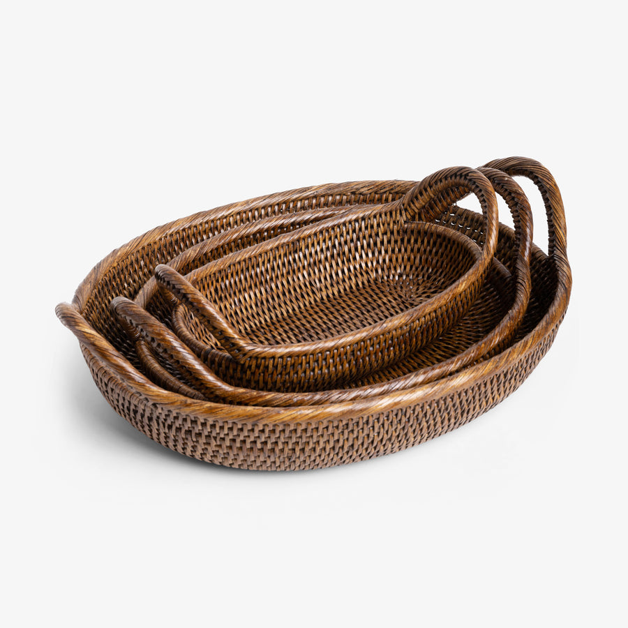 Brown Rattan Oval Trays Grouped