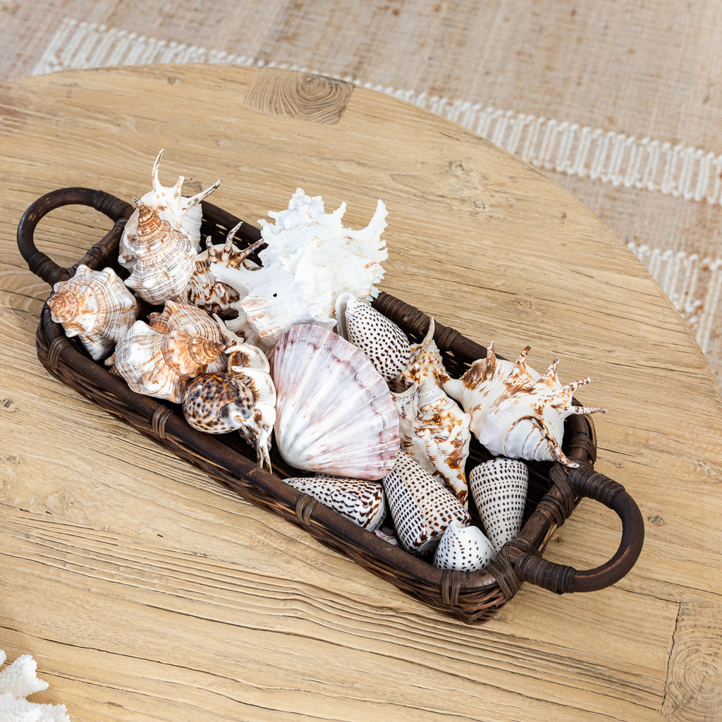 Rattan Trays Rectangular With Handles Brown. Styled On Coffee Table