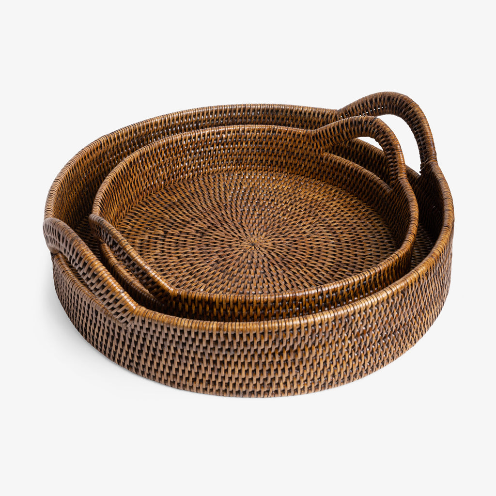 Rattan Trays Round With Handle Brown