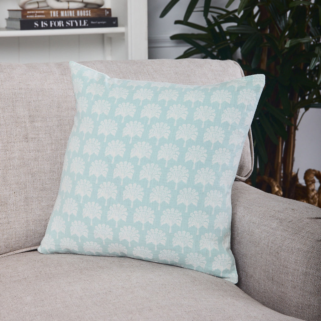 Palm & Stripe Cushion Aqua Cover Only Styled Back