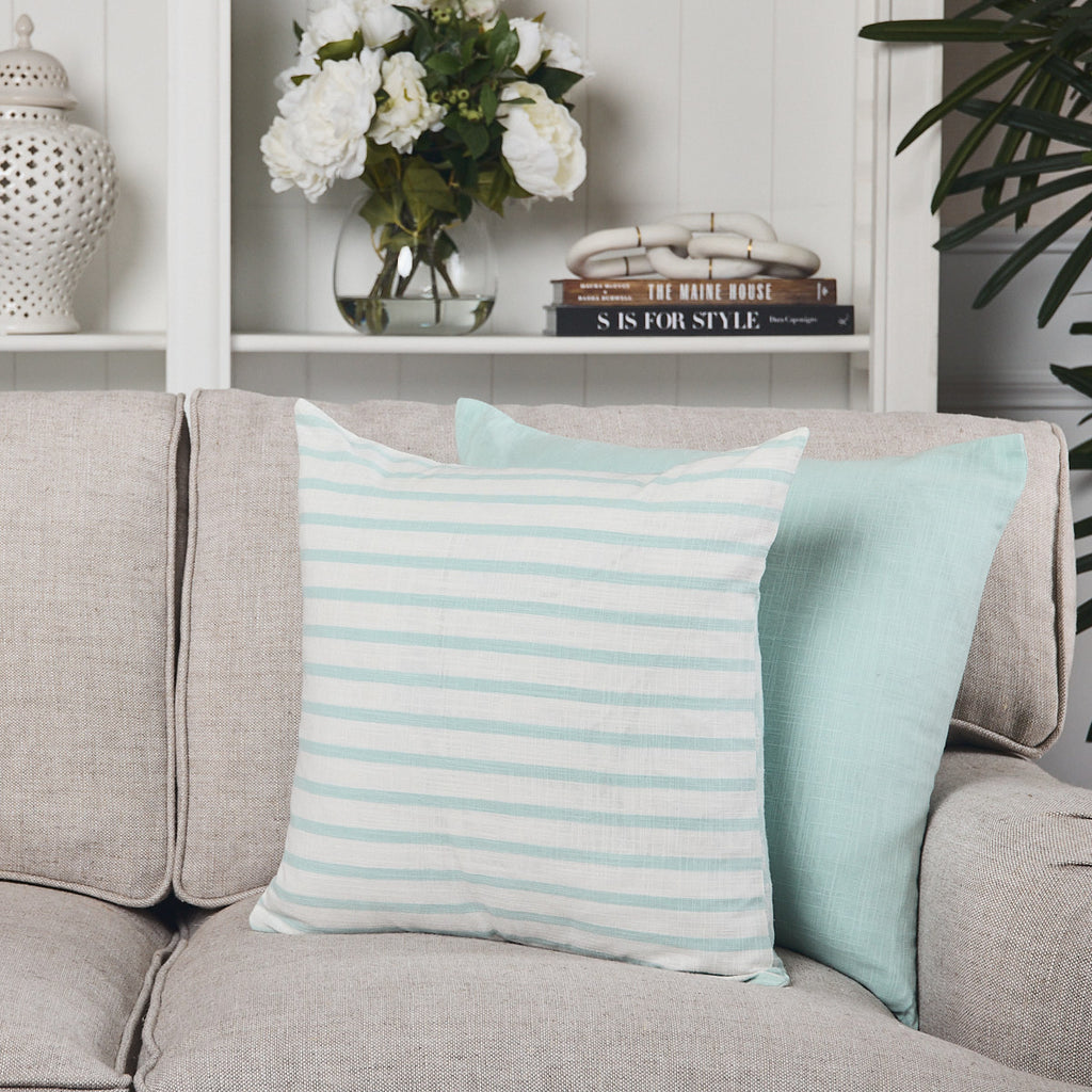 Palm & Stripe Cushion Aqua Cover Only Styled Front