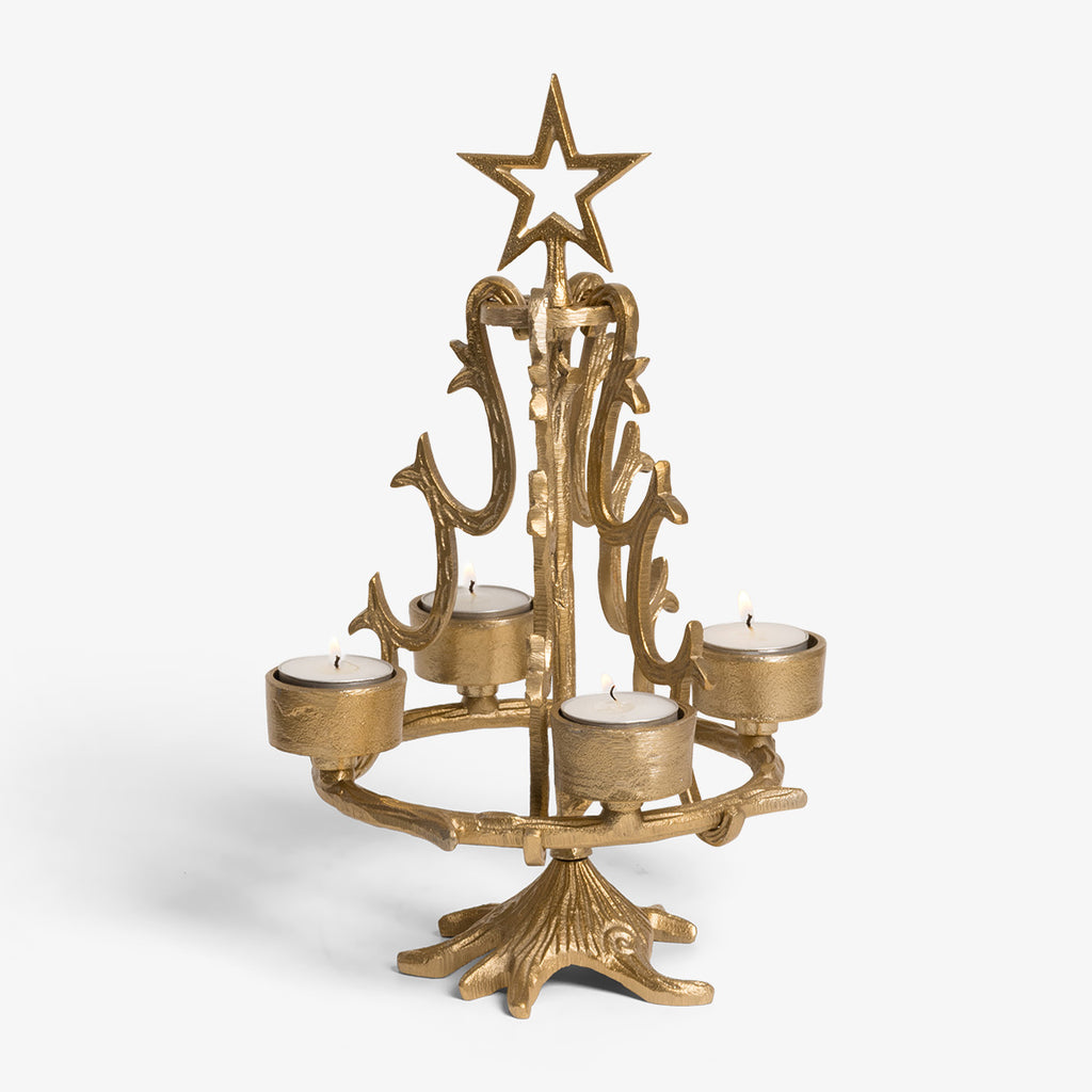 Christmas Tree Tea Light Holders Gold With Candles