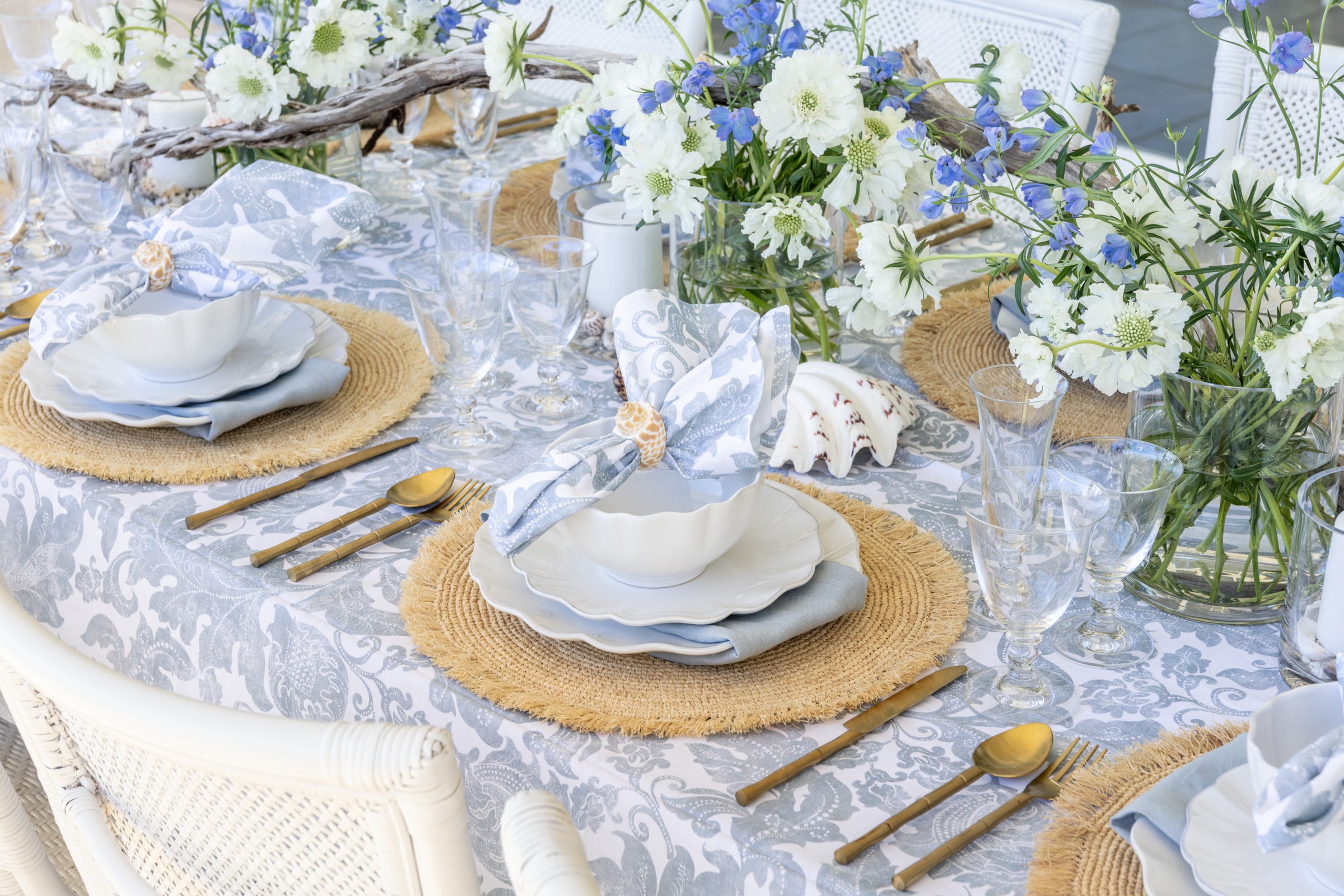 Batik Napkins on Table with Batik Tablecloth and Shell Napkin Rings