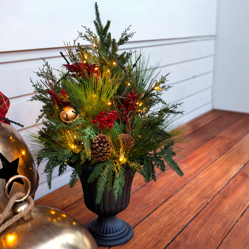 Colorado Red Berry Potted Arrangement with Lights Styled On Porch