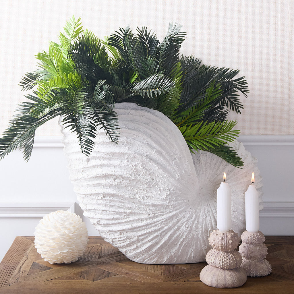 White Conch Shell Sculpture with artificial plant inside