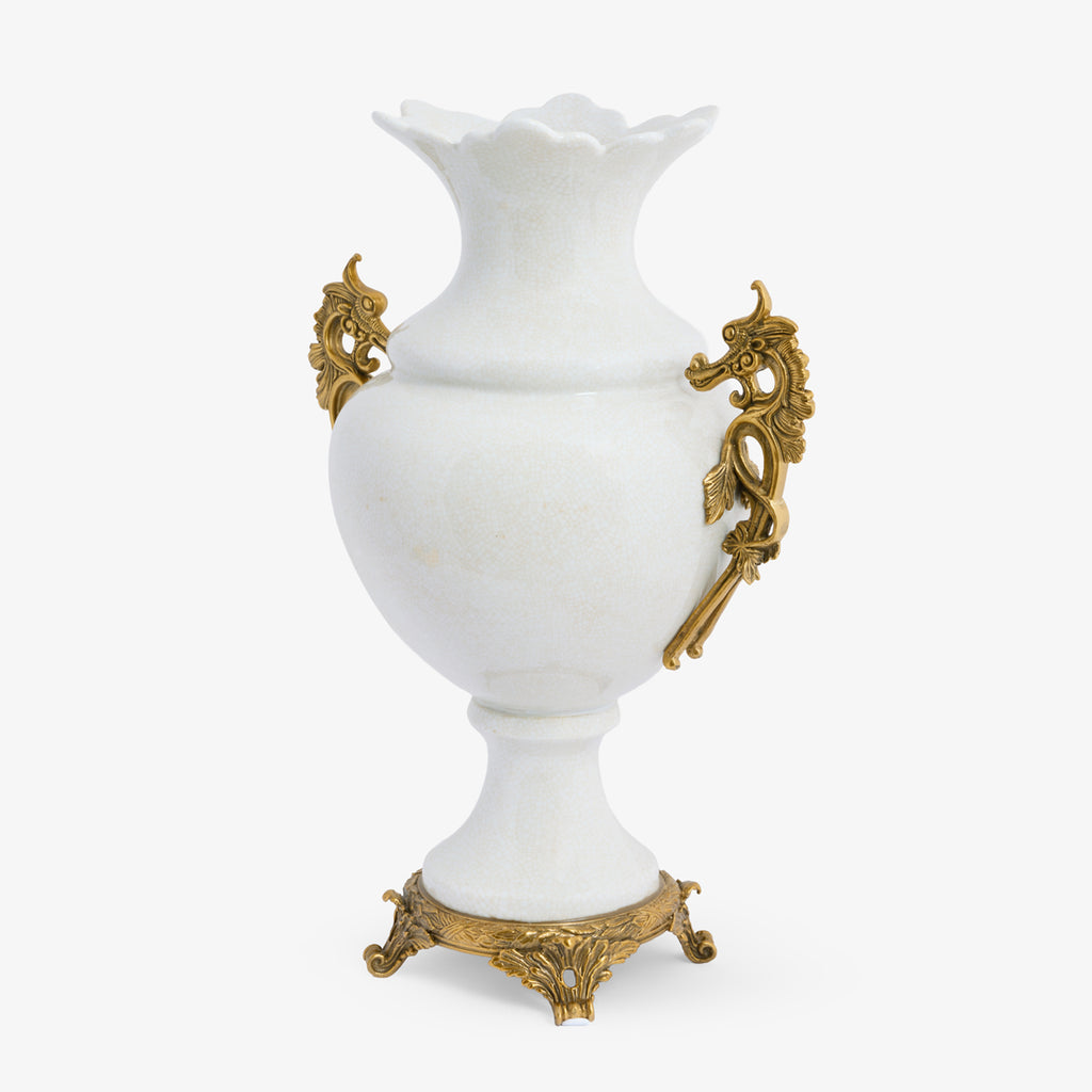 Barclay White Crackle Vase With Seahorse Handles Side View