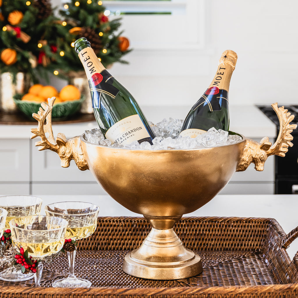 Deer Antler Ice Bucket Gold Styled On Rattan Tray