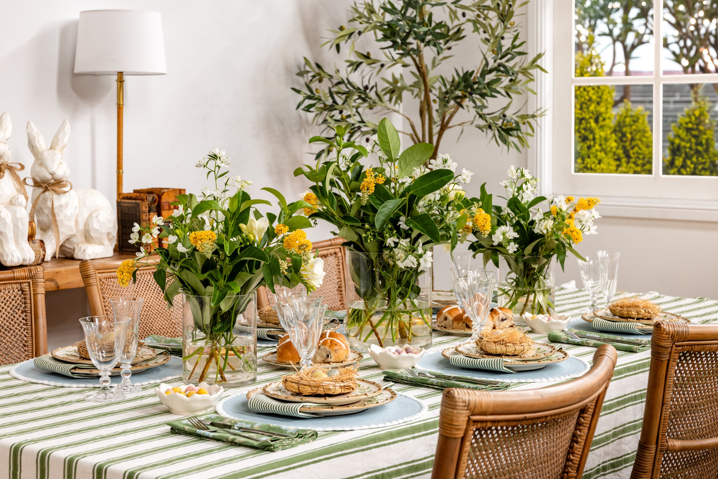 Easter Dining Table with Florals and Mini Chocolate Eggs with Pastel Napery