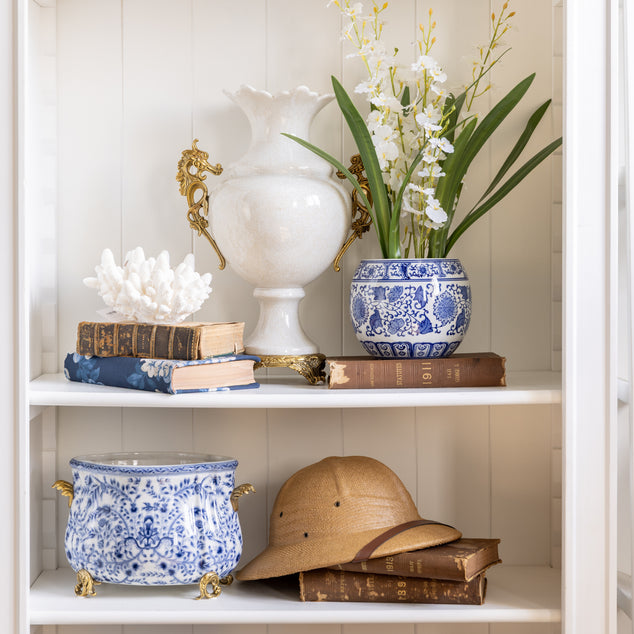 Barclay White Crackle Vase With Seahorse Handles Styled on Bookcase