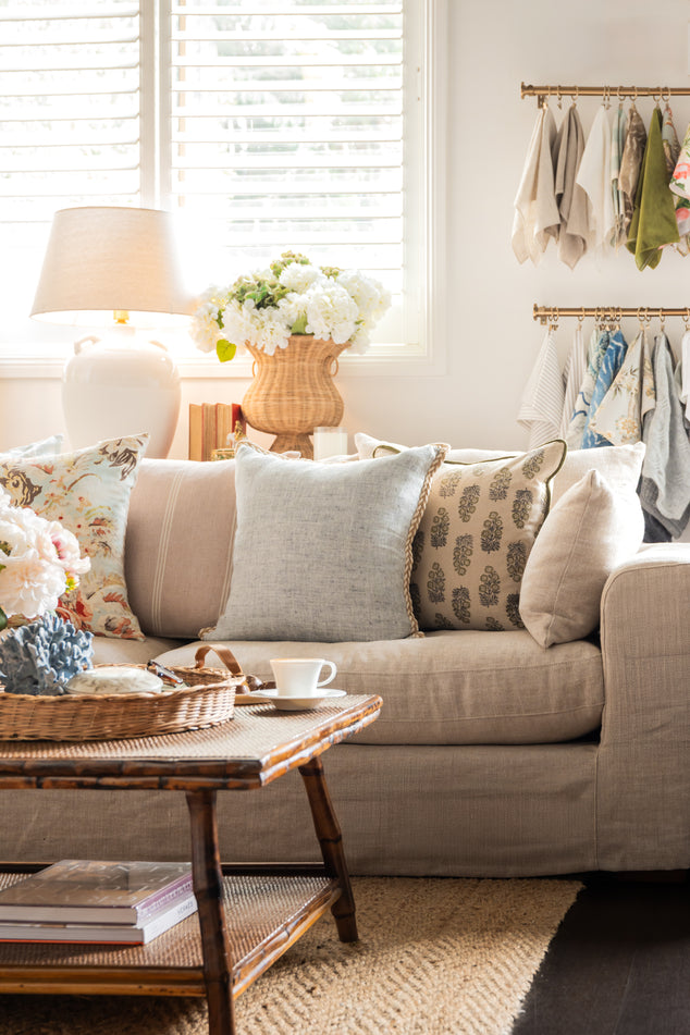 English Coastal living room with clara modular sofa and various coastal cushions