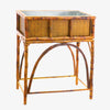A bamboo ice bucket on a stand with a removable metal bucket, featuring a natural bamboo finish.
