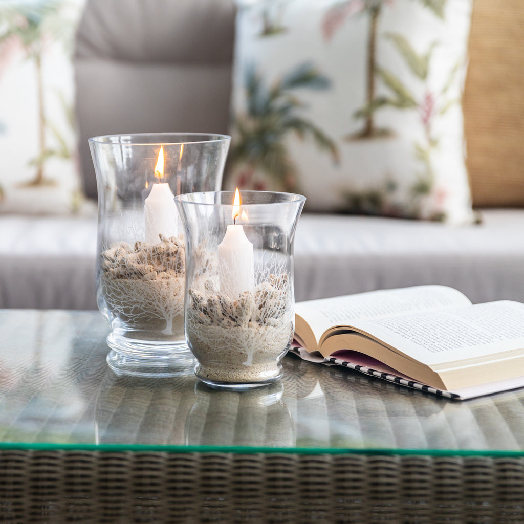 Glass Coral Hurricane Candle Holders Styled