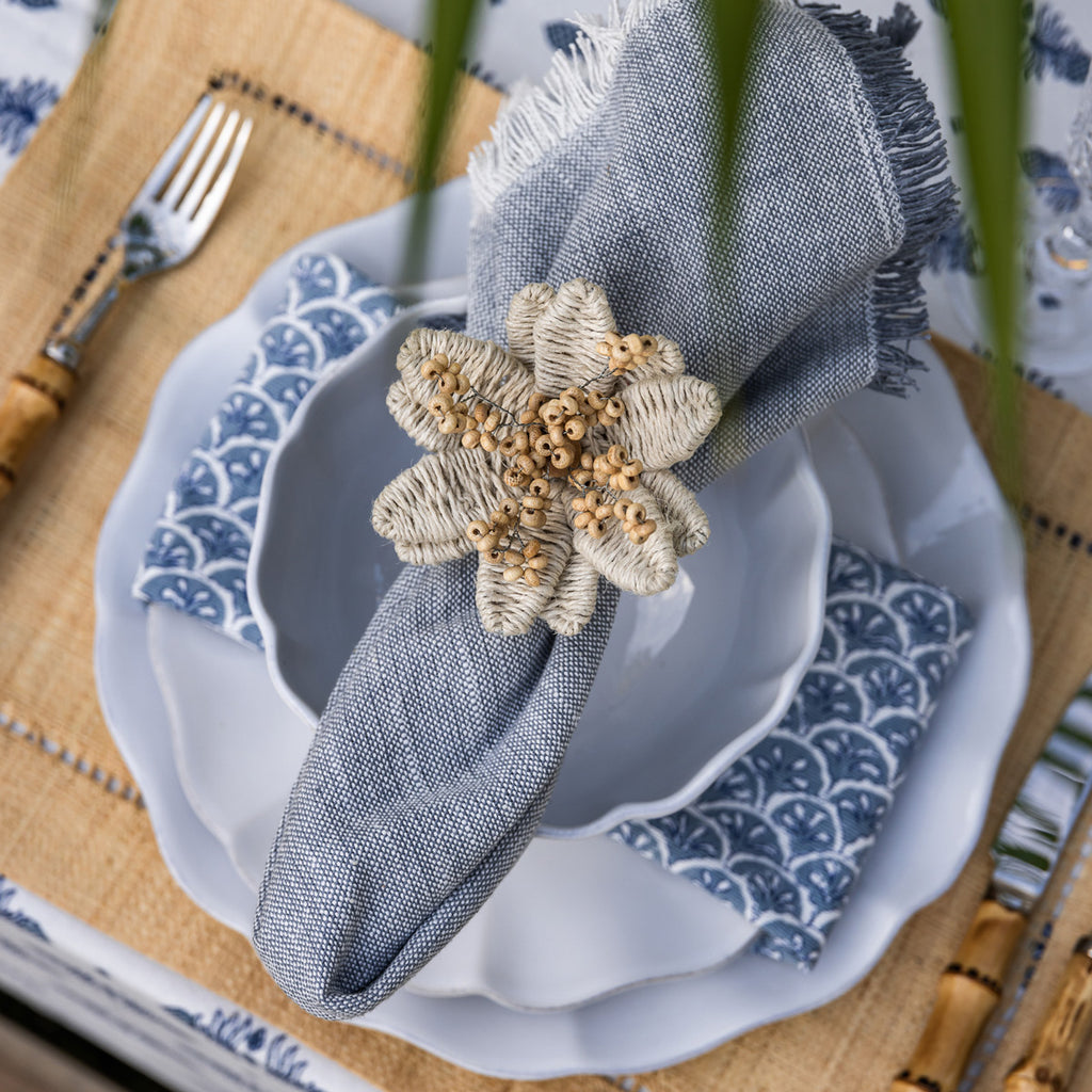 Fringed Napkin Light Blue Styled With Scalloped plates
