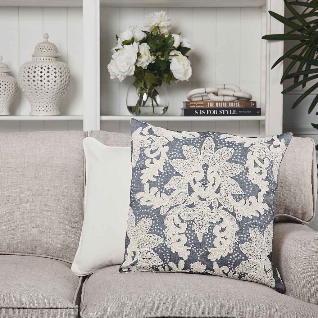 Medallion Embroidered Cushion Cover Grey & White Styled As Group