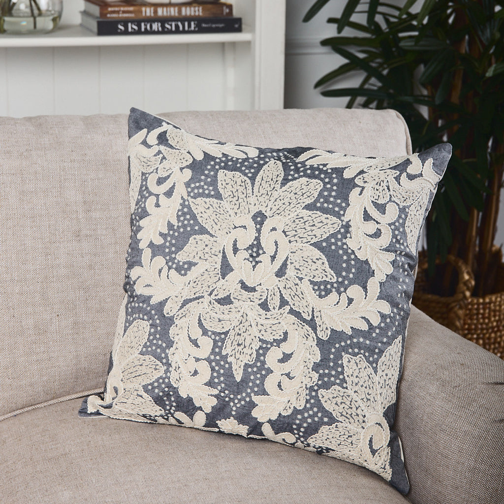 Medallion Embroidered Cushion Cover Grey & White Styled On Lounge